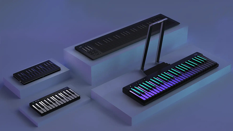 ヤマハミュージックジャパンが取り扱うROLI製品。「Seaboard M」(左上)、「Piano M」(左下)、「Seaboard 2」(右上)、「Airwave」(右中)、「Piano」(右下)