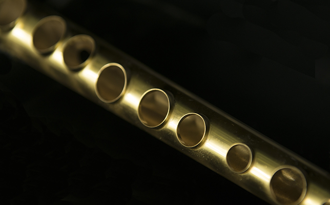 管体に空いた音孔。真っ直ぐ並んでおらず、微妙に位置がずれており、サイズもさまざま。