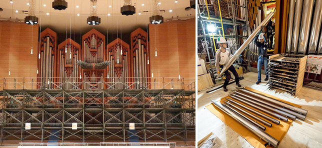 足場が組まれ、パイプが外される