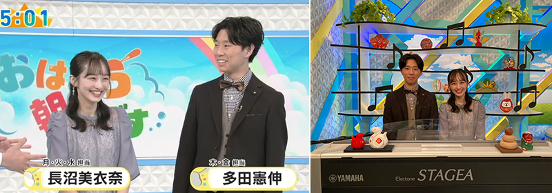 新エレクトーン奏者としてのお披露目となった出演シーン。月~水曜日担当の長沼美衣奈さんと一緒に。